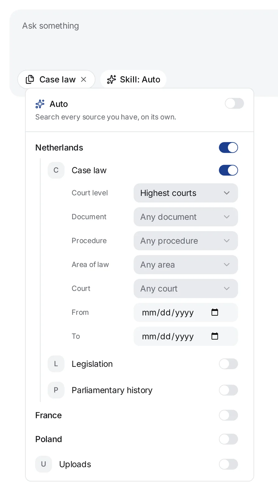 The list of sources with Netherlands Case law on and its filters: Court level set to Highest courts, then Document, Procedure, Area of law and Court at Any document, Any procedure, Any area and Any court, and the From and To dates
