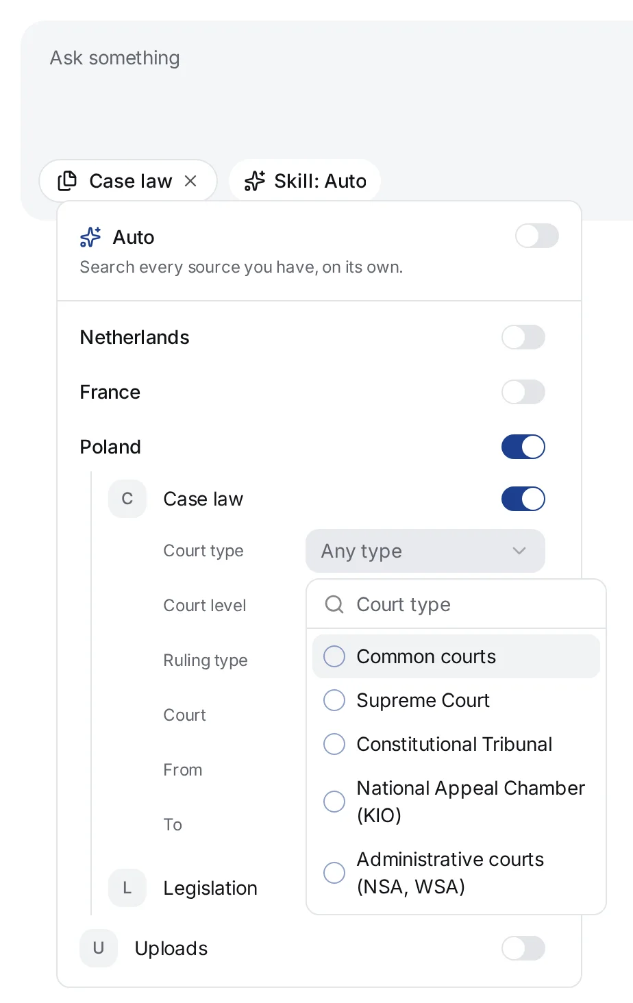 The Poland Case law collection on, with its Court type filter open and the values Common courts, Supreme Court, Constitutional Tribunal, National Appeal Chamber (KIO) and Administrative courts (NSA, WSA)