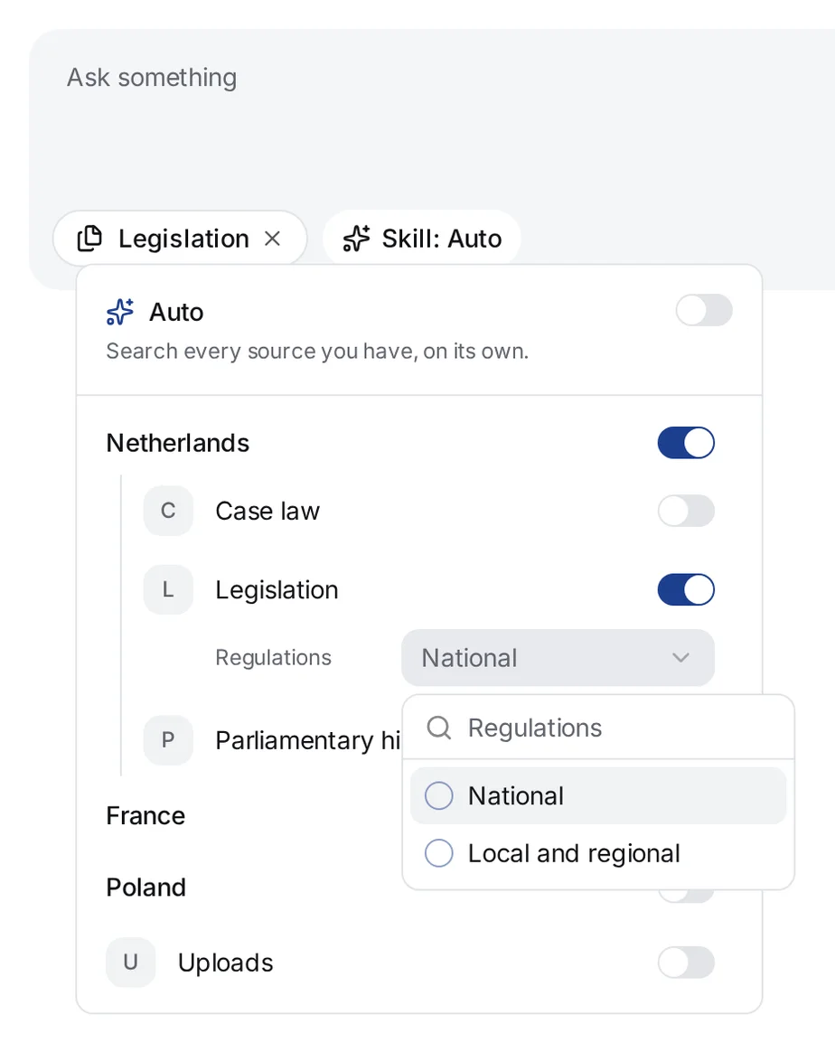 The Netherlands Legislation collection on, with its Regulations filter open and the values National and Local and regional