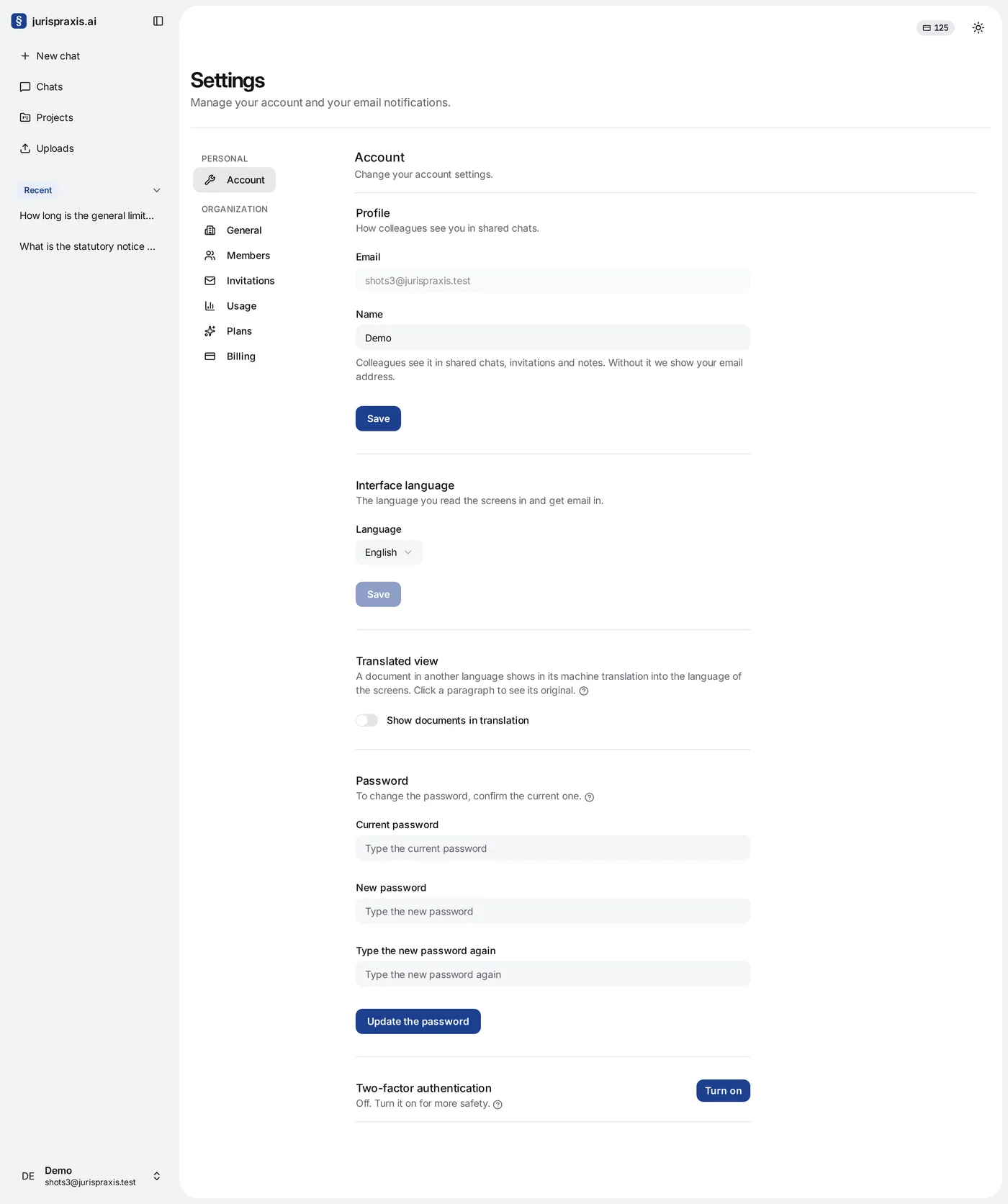 Settings → Account: the Profile block with a grey Email field and the Name field, the Interface language block, the Translated view block with the Show documents in translation switch, the Password block with Current password, New password, Type the new password again and Update the password, and the Two-factor authentication row with Turn on