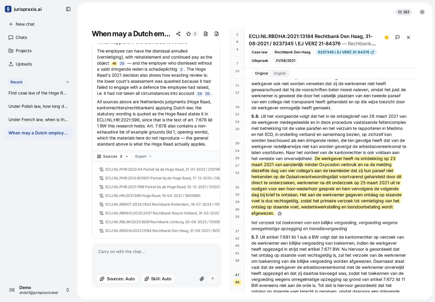 A chat with an answer about dismissal on the spot in the Netherlands: numbered references in the text, the Sources list open below the answer with eight decisions, and on the right the source pane with a decision of the Rechtbank Den Haag, the Original | English switch under its header, its highlighted passage and the strip of quotation numbers on its left edge