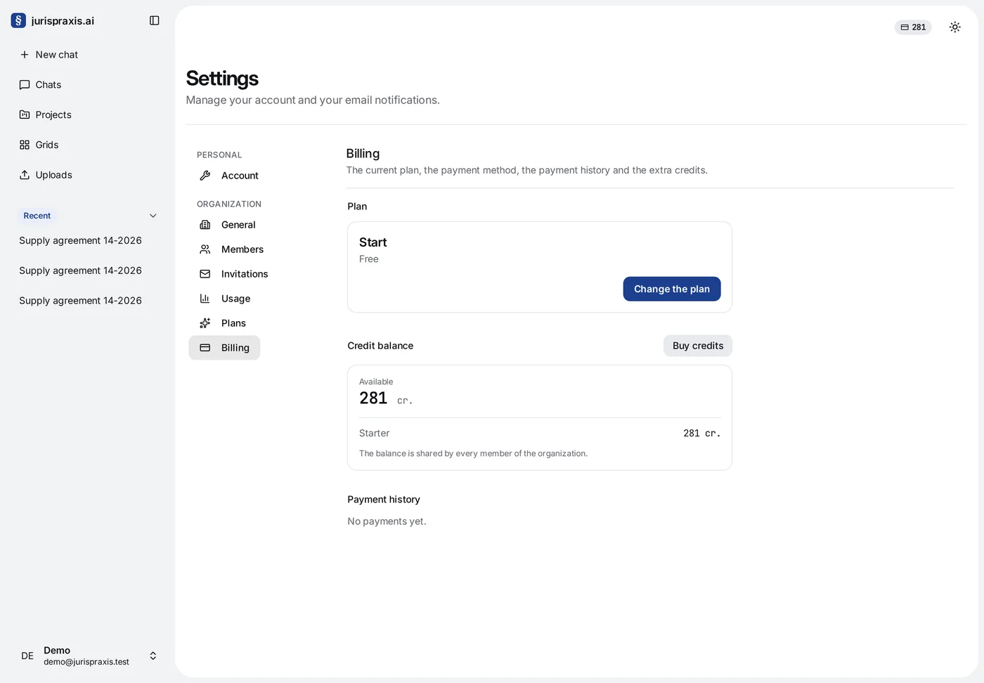 Settings → Billing: the Plan card shows Start, Free, with Change the plan; the Credit balance card shows 281 cr. available, all of it in the Starter pool, with Buy credits; below is Payment history with No payments yet