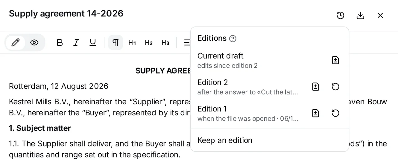 The Editions menu open under the Editions button of the draft pane Supply agreement 14-2026: at the top the row Current draft, edits since edition 2, with a compare icon; below it Edition 2, after the answer to «Cut the lat…», and Edition 1, when the file was opened, each with a compare icon and a restore icon; at the foot Keep an edition