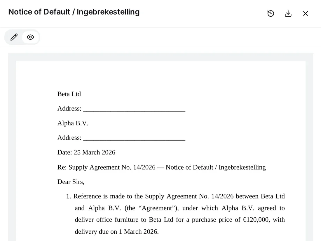 The As in Word view of the draft pane: the eye icon is on, and the notice is shown as a page in the standard style of the service, in Times New Roman with wide margins