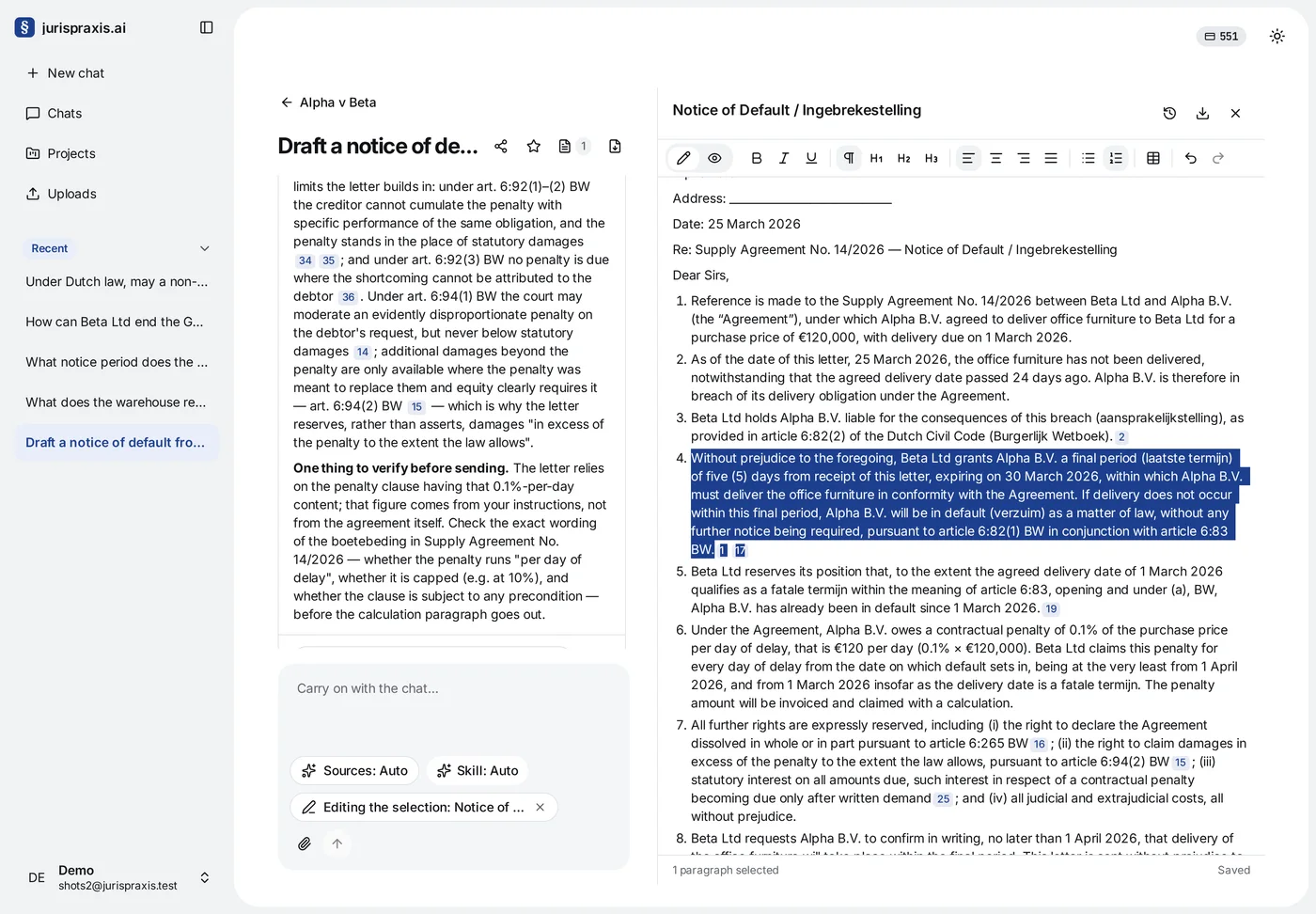 The draft pane with paragraph 4 of the notice selected; the foot of the pane shows 1 paragraph selected, and the question box on the left shows the mark Editing the selection: Notice … with a cross