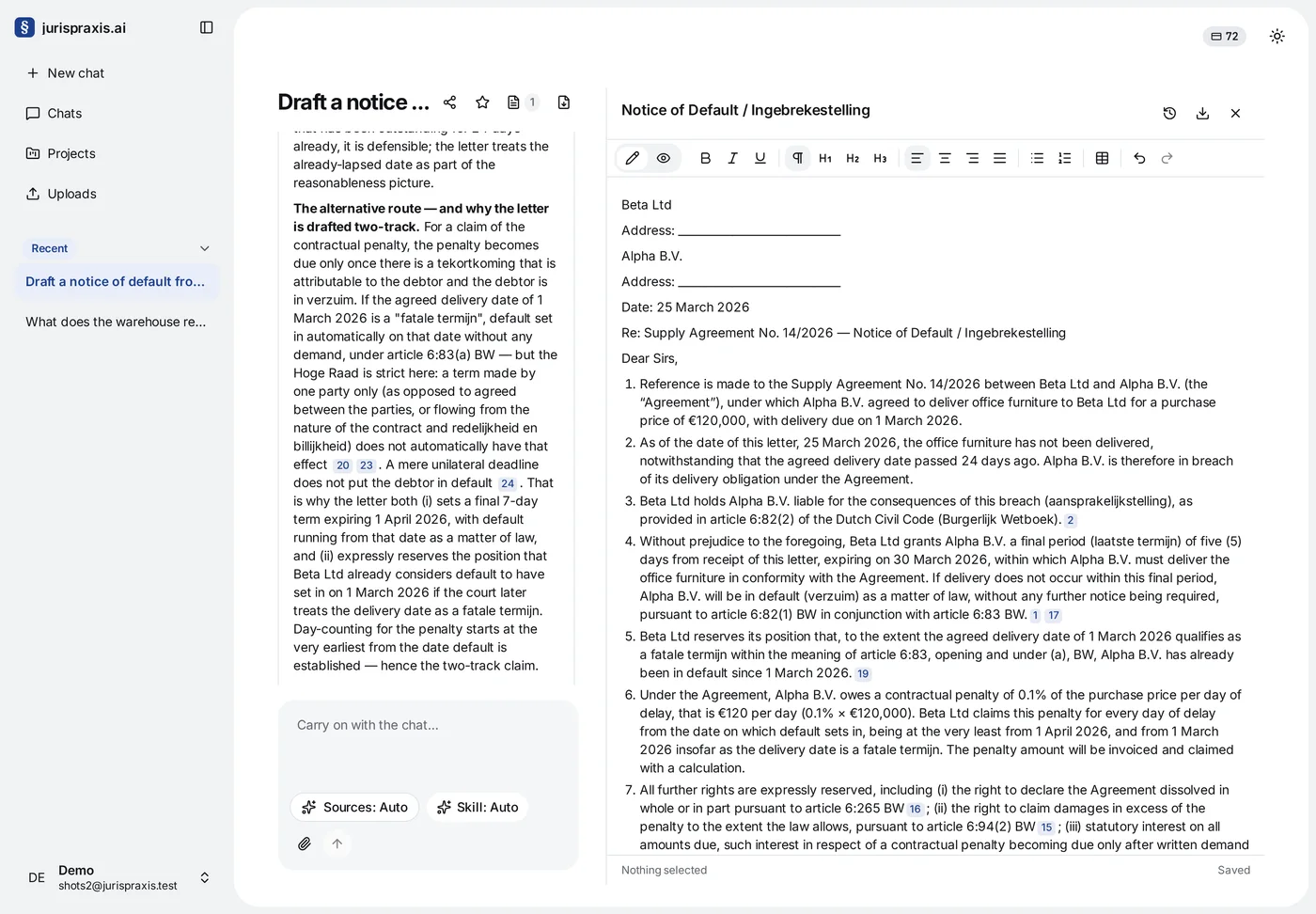 A chat with the draft pane open on the right: at the top the name Notice of Default / Ingebrekestelling with the Editions, Download .docx and Close the draft buttons, below it the Edit and As in Word icons and the formatting bar, then the text of the notice, and at the foot Nothing selected on the left and Saved on the right