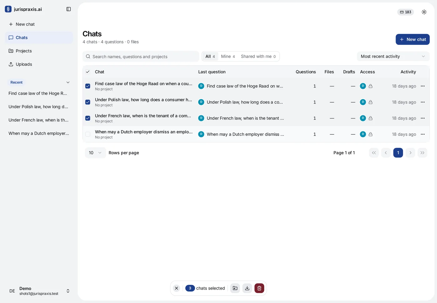 The Chats page: the search box, the filters All, Mine and Shared with me, the Most recent activity order and the table with the columns Chat, Last question, Questions, Files, Drafts, Access and Activity; three of four chats are ticked and, at the bottom, the bar shows 3 chats selected with the move-to-project button, the download button and the delete button