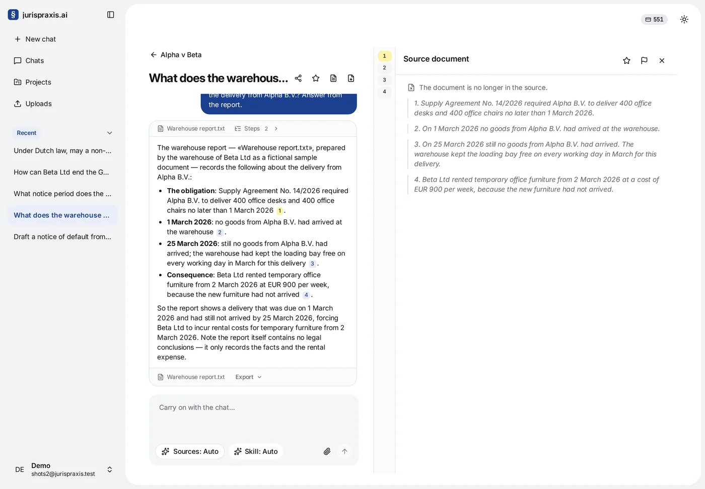 A chat whose answer quotes Warehouse report.txt after the file was deleted: the answer and its quotation numbers stay, and the Source document pane shows The document is no longer in the source. above the four passages quoted earlier
