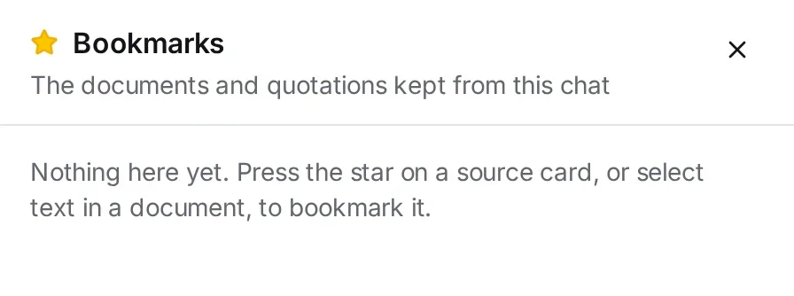 The empty Bookmarks panel of a chat, with the hint: Nothing here yet. Press the star on a source card, or select text in a document, to bookmark it.