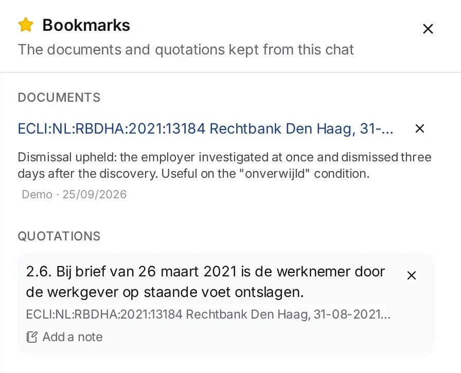The Bookmarks panel with a decision of the Rechtbank Den Haag under Documents, a note below it with the name Demo and the date, and under Quotations a saved passage with Add a note