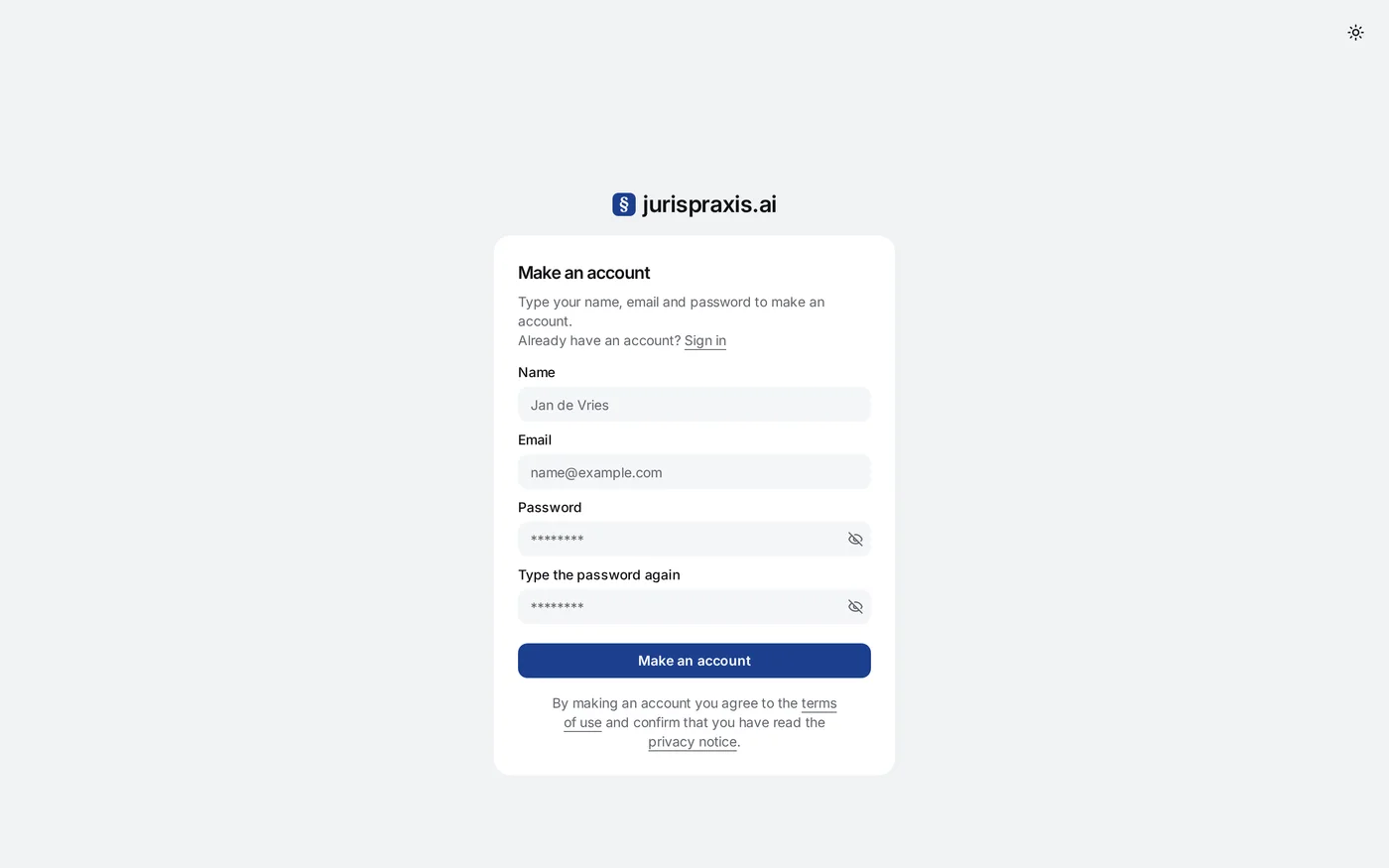 The Make an account form of jurispraxis.ai: the fields Name, Email, Password and Type the password again, and the Make an account button