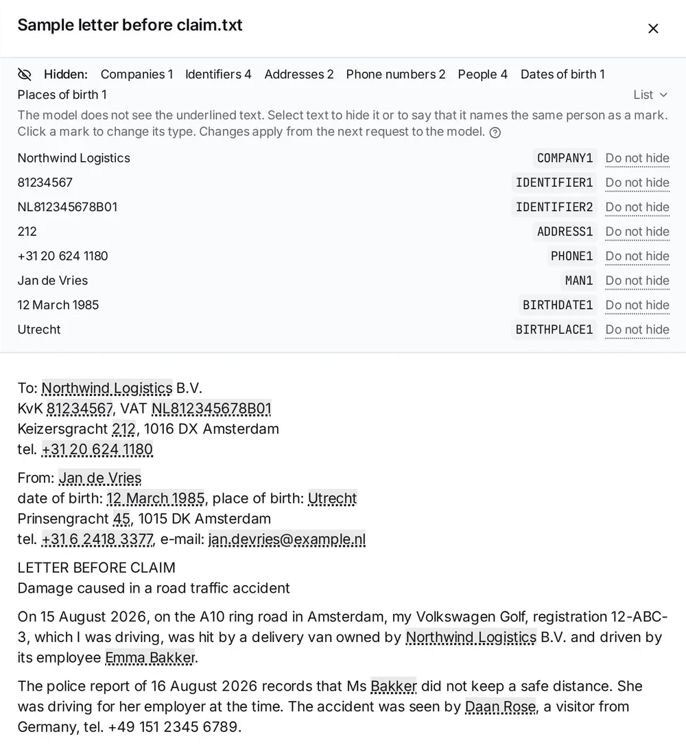 The file panel of Sample letter before claim.txt: at the top the line Hidden: Companies 1, Identifiers 4, Addresses 2, Phone numbers 2, People 4, Dates of birth 1, Places of birth 1; below it the open list — Northwind Logistics COMPANY1, 81234567 IDENTIFIER1, Jan de Vries MAN1 and more, each with Do not hide; below that the letter, where the hidden names, identifiers and house numbers have a dotted underline and the German phone number does not