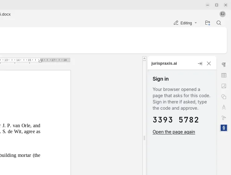 The jurispraxis.ai panel in ONLYOFFICE: the Sign in heading, a line about the page in the browser, an eight-digit code and the Open the page again link