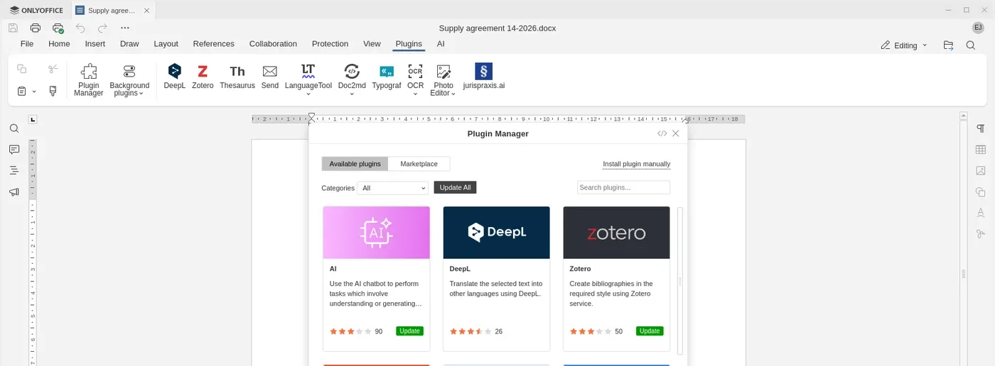 ONLYOFFICE, the Plugins tab: a jurispraxis.ai button now ends the row of buttons. Below it, the Plugin Manager is open on Available plugins, with the Install plugin manually link on the right