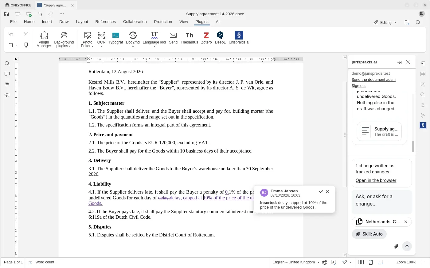 ONLYOFFICE with a supply agreement: in clause 4.1, tracked changes put “0.1%” in place of “1%” and add a cap of 10%, and a balloon over the change names its author, Emma Jansen. On the right, the jurispraxis.ai panel with the answer, the line “1 change written as tracked changes.” and the question box, with the sources chip, Skill: Auto and the paperclip below it
