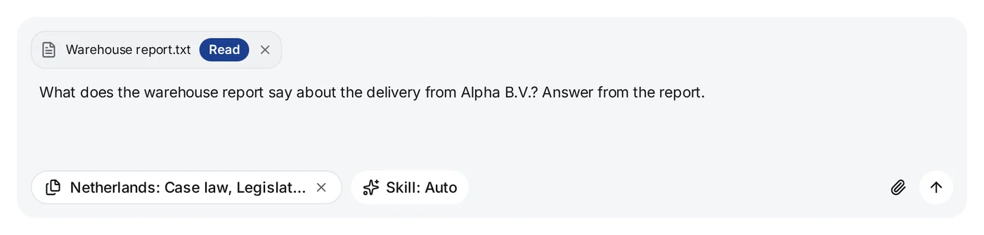The question box with the card of Warehouse report.txt, its status Read and a cross above the typed question; below it the sources chip, which starts with Netherlands: Case law, Legisl…, the Skill: Auto chip, the paperclip and the send button