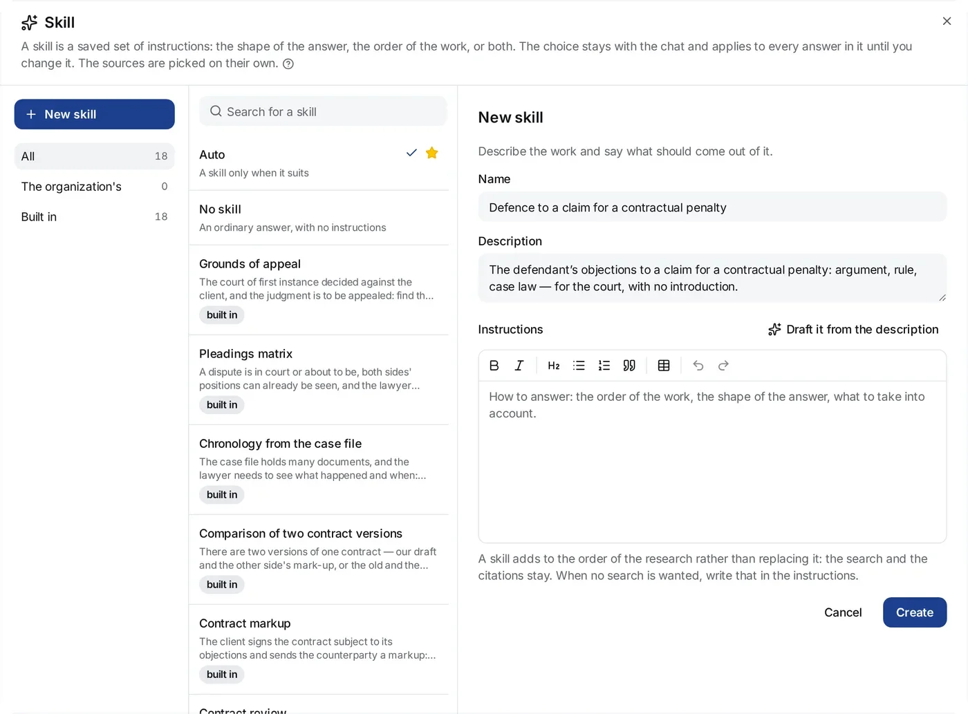 The New skill form in the Skill window: Name and Description filled in for a defence to a claim for a contractual penalty, the empty Instructions field with its toolbar, Draft it from the description, and the Cancel and Create buttons