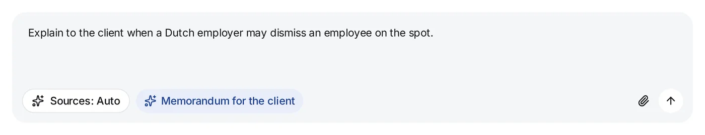 The question field with a question typed in and the built-in skill Memorandum for the client on the skill button, next to Sources: Auto