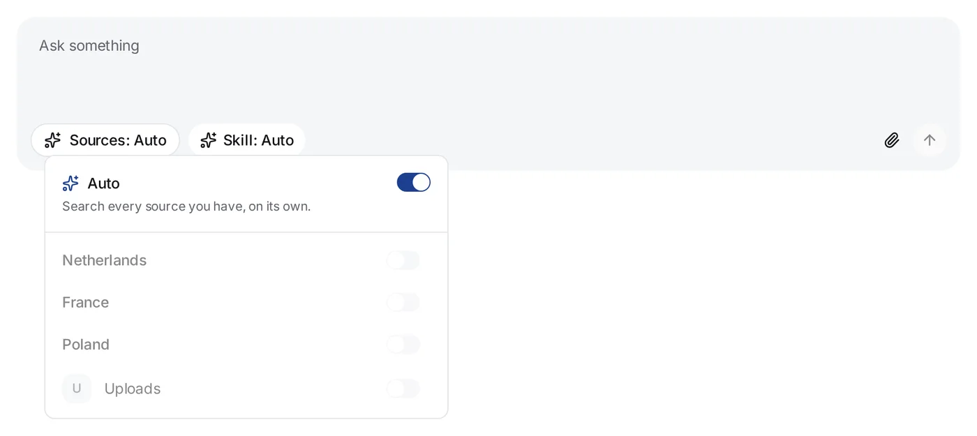 The list of sources open under the question field: the Auto switch on, and below it the switches of Netherlands, France, Poland and Uploads, which cannot be used while Auto is on