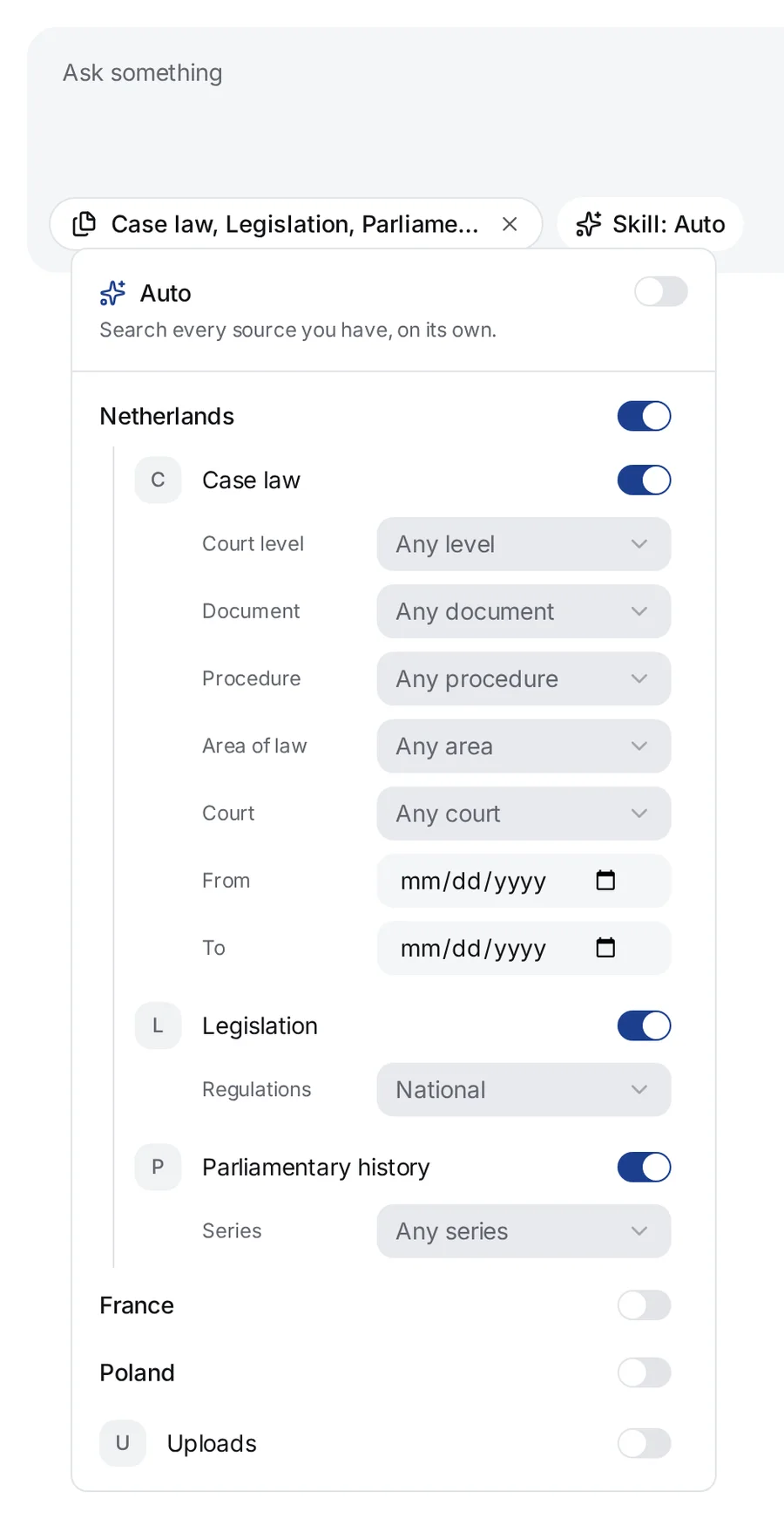 The list of sources with Auto off and Netherlands on: its collections Case law, Legislation and Parliamentary history, each with its own switch and its filters; France, Poland and Uploads are off