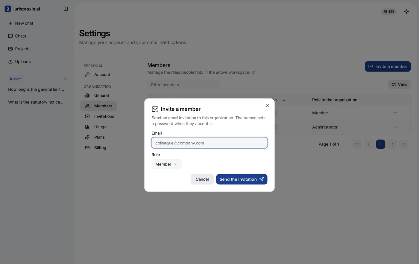 Settings → Members lists two members, shots3-anna@jurispraxis.test as Member and shots3-ben@jurispraxis.test as Administrator, both Active; below the list, the Invite a member window has the Email field, the Role picker set to Member, and the Cancel and Send the invitation buttons