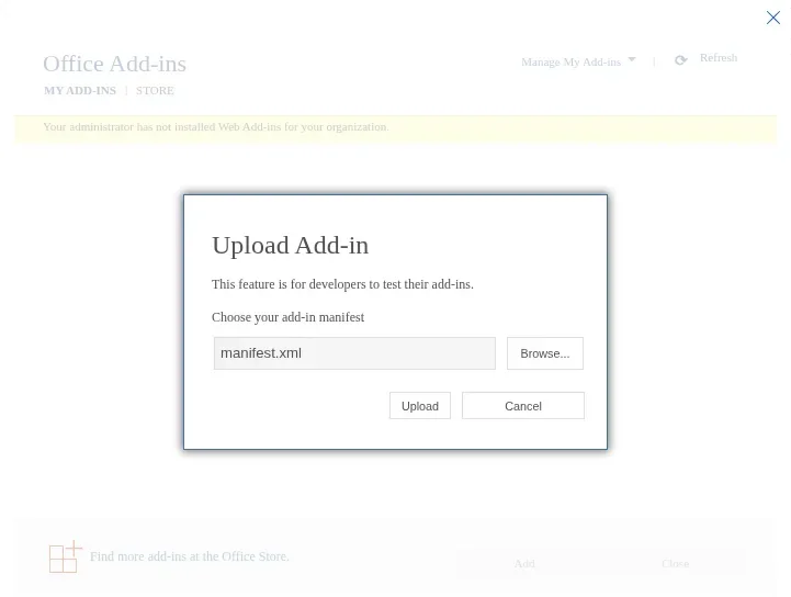 Word on the web, the Office Add-ins window with the Upload Add-in window on top: the file manifest.xml is chosen, with the Browse..., Upload and Cancel buttons